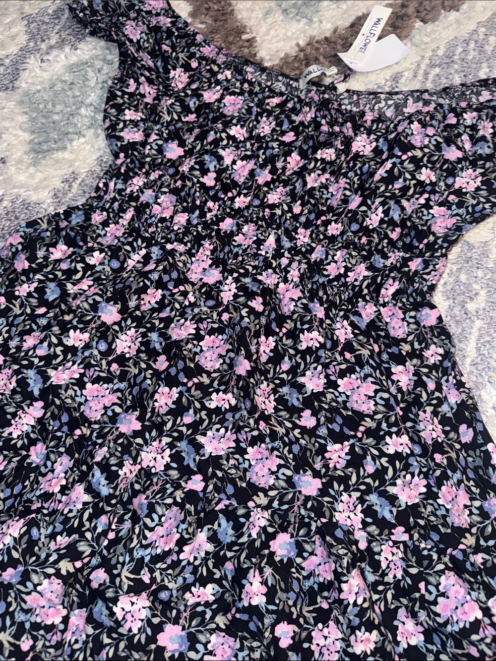 Wallflower Smocked Floral Off-Shoulder Kids Dress - Black with Pink Flowers - Picture 4 of 5